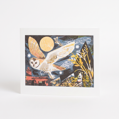 
                    
                      Art Angels Owl Flight greeting card by Mark Hearld, barn owl flying under a yellow moon, dark blue sky, front on white.
                    
                  