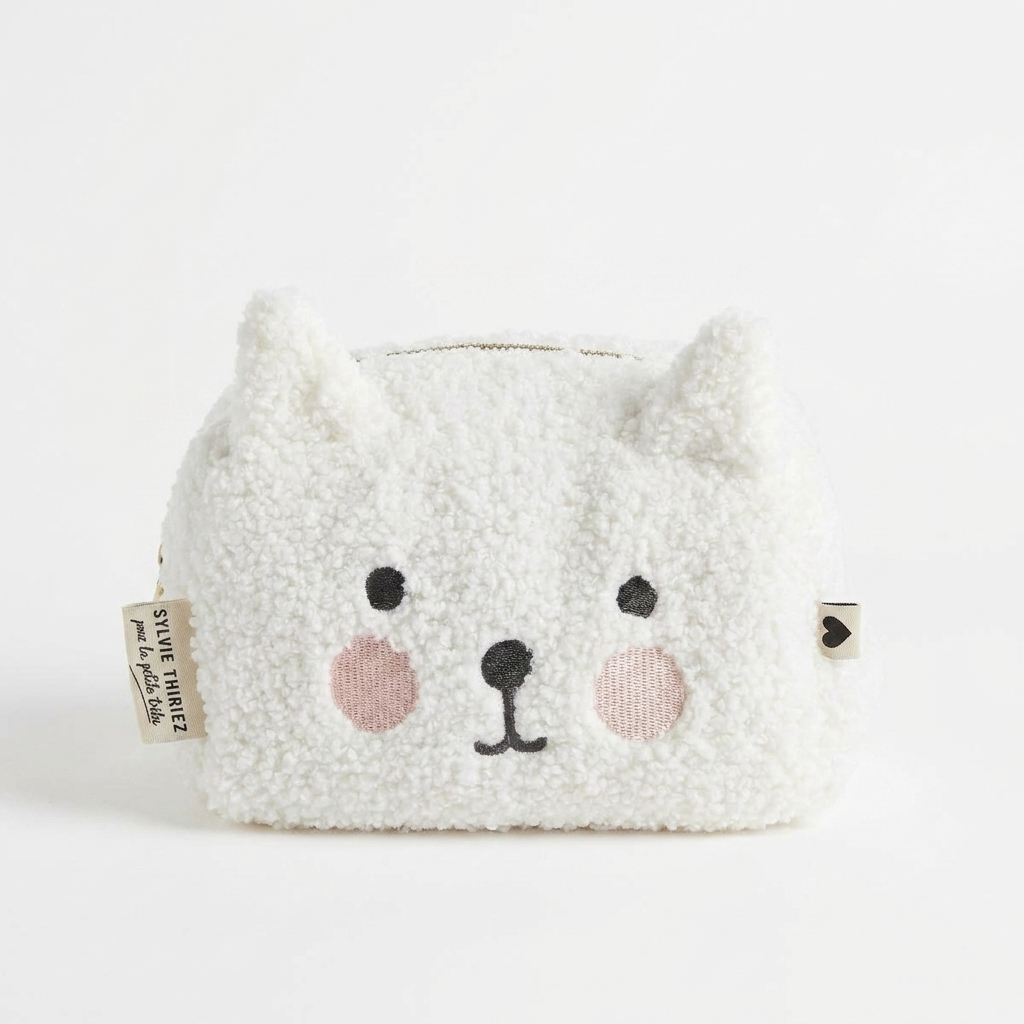 Sylvie Thiriez Petit Coeur Children's Toiletry Bag studio product photo hanging from a wooden wall hook on a neutral…