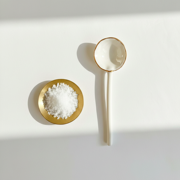 Petrichor + Gold Gold-Edged Porcelain Spoon, white with subtle gold rim, flat lay top view next to a small brass dish of sea…