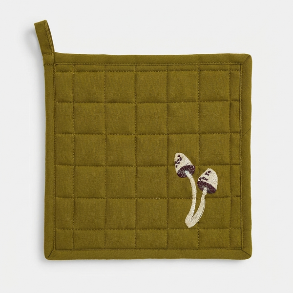 Sylvie Thiriez Automne Pot Holder, olive green quilted cotton with embroidered mushroom design, front view on white.