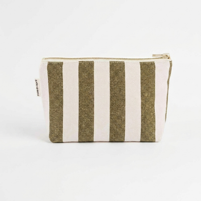 
                    
                      Rose in April Sofia Pouch - Stripes Olive / Greige studio product photo hanging from a wooden wall hook on a neutral…
                    
                  