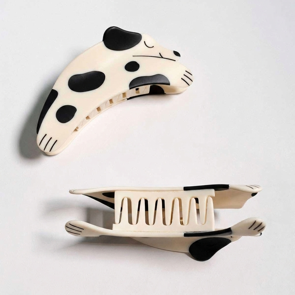 Winona Irene Puppy Claw Spotted Dog hair clip pair, black and white spotted cellulose acetate, one closed top view, one open…