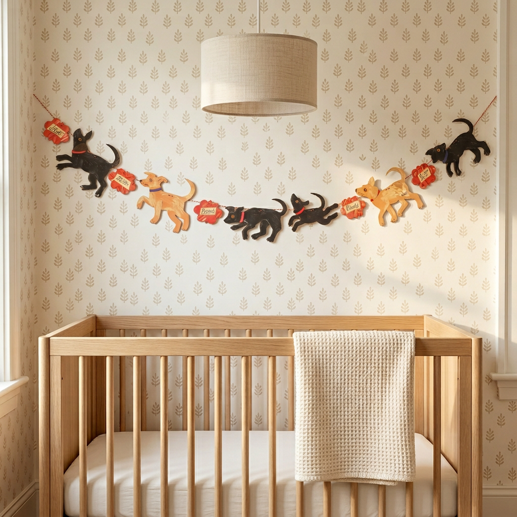 Puppy Parade Garland, Mark Hearld illustrated paper dogs in black and tan with red details, hanging above a nursery crib.