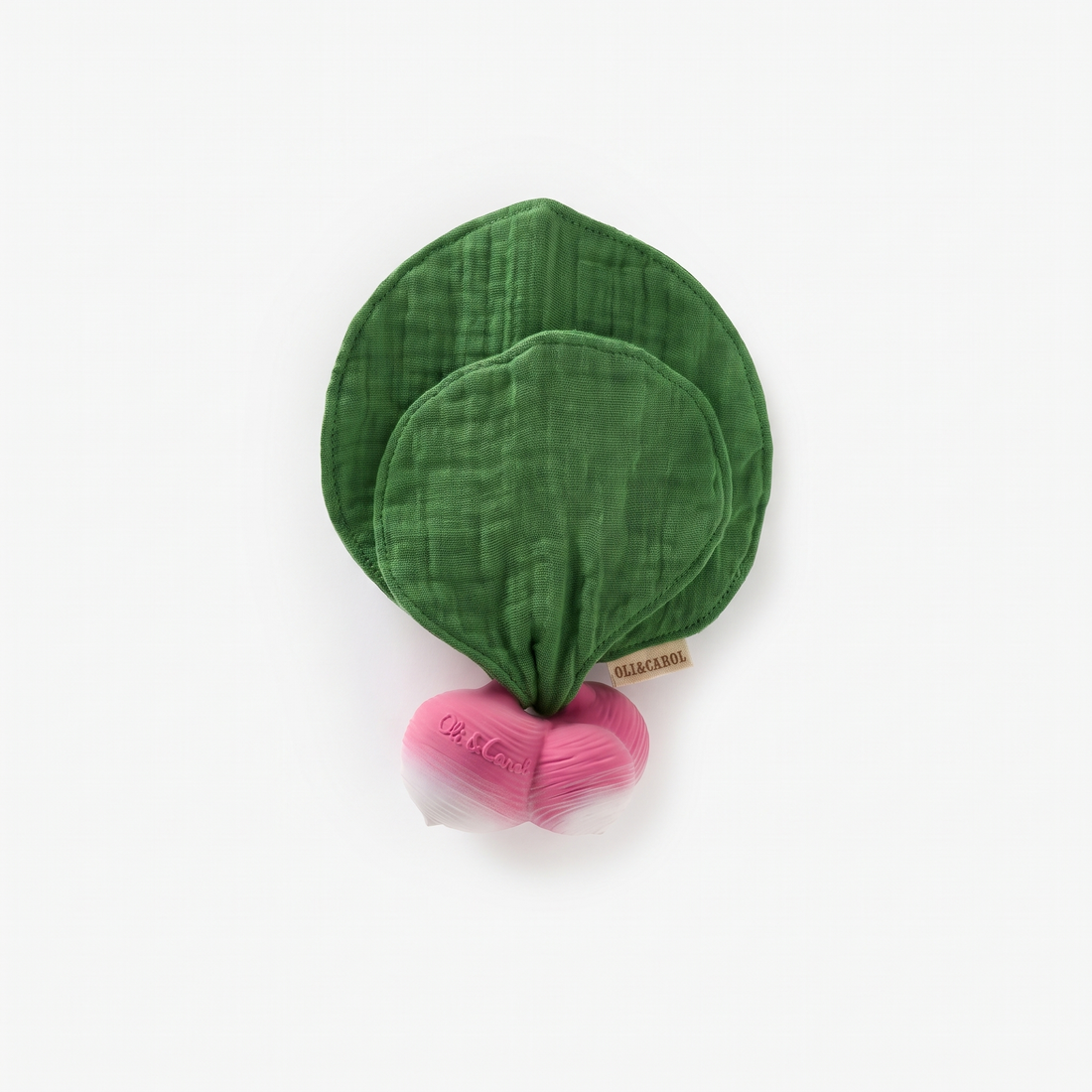 Oli & Carol Ramona the Radish Mini Doudou Teether studio product photo on a neutral off-white background