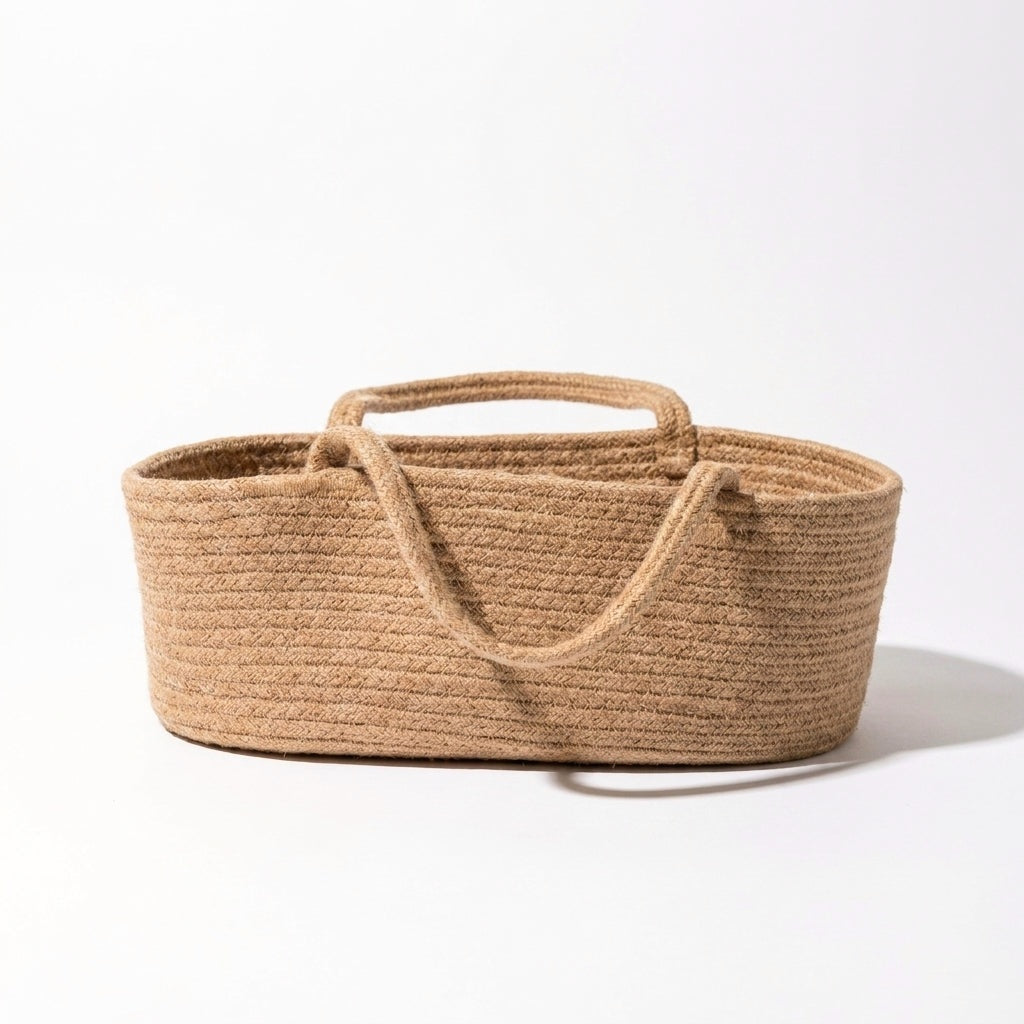 Egmont Rope Carrycot, natural light brown hemp rope basket, front view on white background.