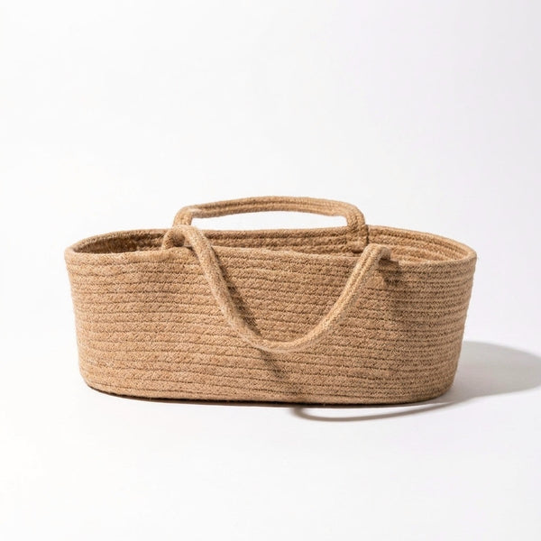 Egmont Rope Carrycot, natural light brown hemp rope basket, front view on white background.