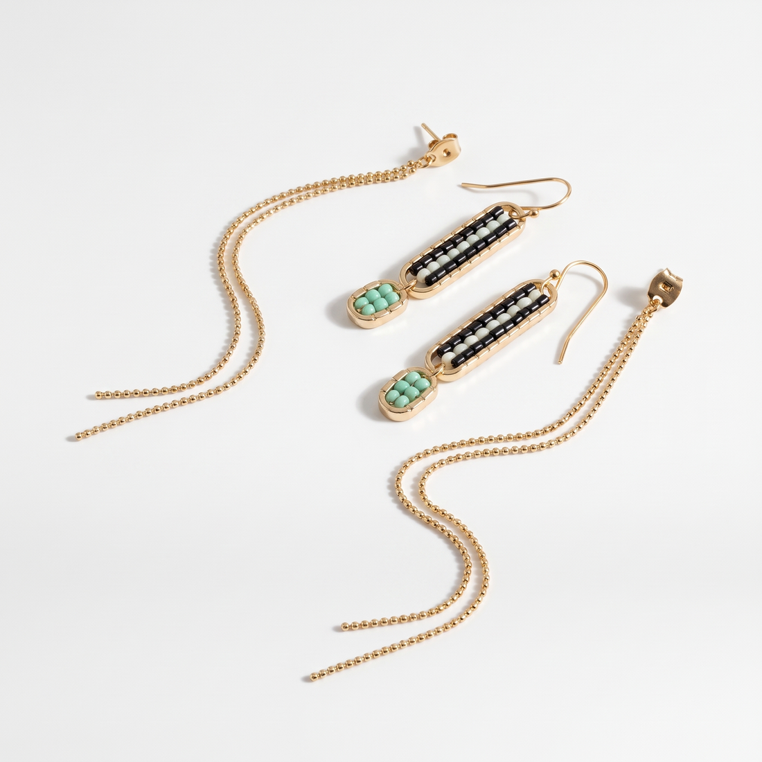 Sasha Stripe Beaded Earrings, gold-plated, black and pale striped seed beads with mint accents, removable gold chain fringe,…