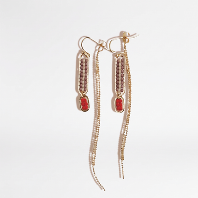 
                    
                      Sasha Stripe Beaded Earrings, Mauve Stripe/Poppy seed beads, red oval accents, gold-tone ear wires & fringe, hanging pair on…
                    
                  