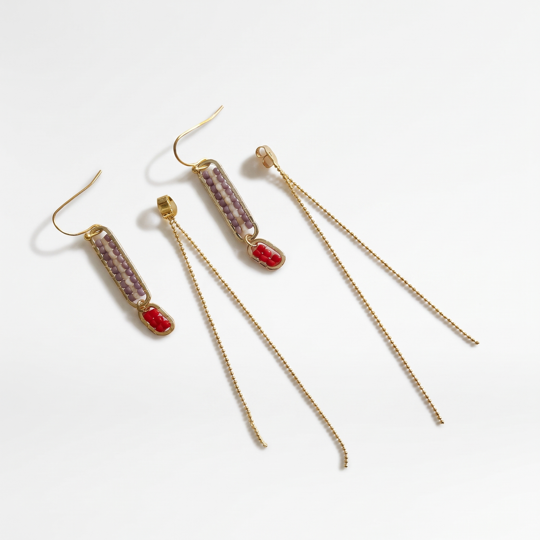 Stripe Beaded earrings, Mauve Stripe/Poppy, gold-plated, flat lay pair showing seed beads and the removable gold chain…