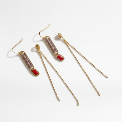 
                    
                      Stripe Beaded earrings, Mauve Stripe/Poppy, gold-plated, flat lay pair showing seed beads and the removable gold chain…
                    
                  