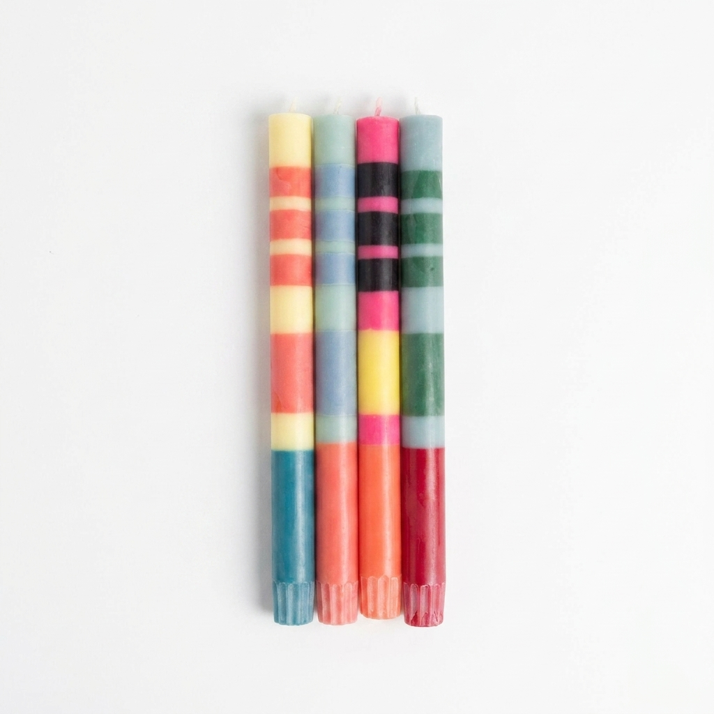 British Colour Standard Striped Red & Blues Pack eco dinner candles, 4 mixed-color striped candles, vertical on white.