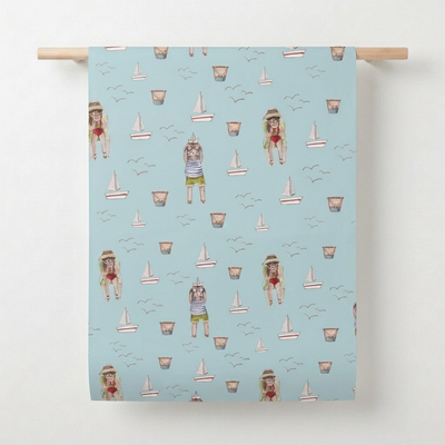 
                    
                      MyDesignPictures Summer Wrapping Paper, light blue with illustrated children, sailboats, seagulls, and buckets, unrolled…
                    
                  