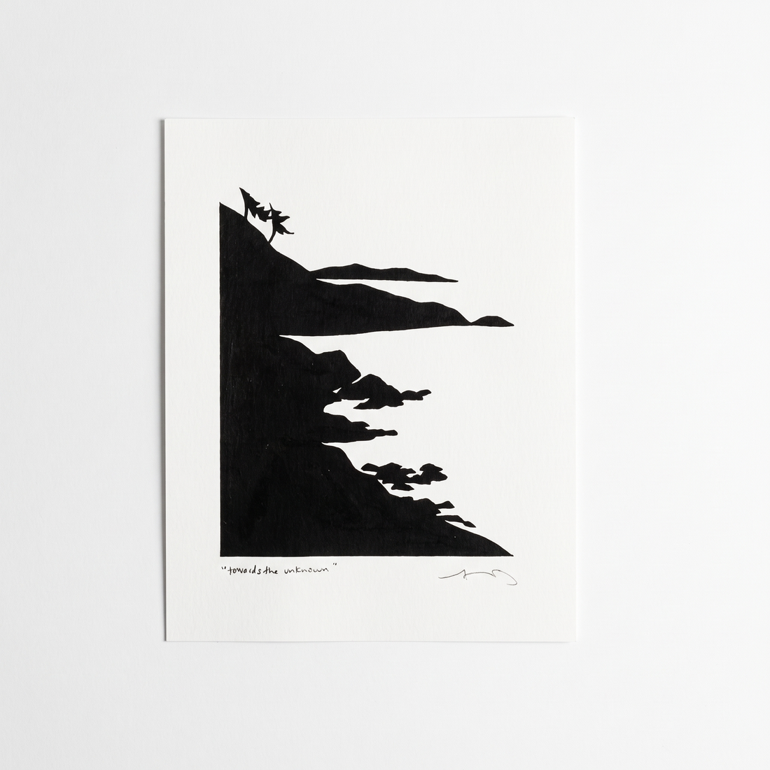 Anna Brones Towards The Unknown art print, black silhouette landscape on eggshell paper, front flat lay on white background.
