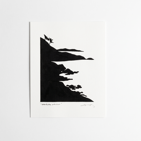 Anna Brones Towards The Unknown art print, black silhouette landscape on eggshell paper, front flat lay on white background.