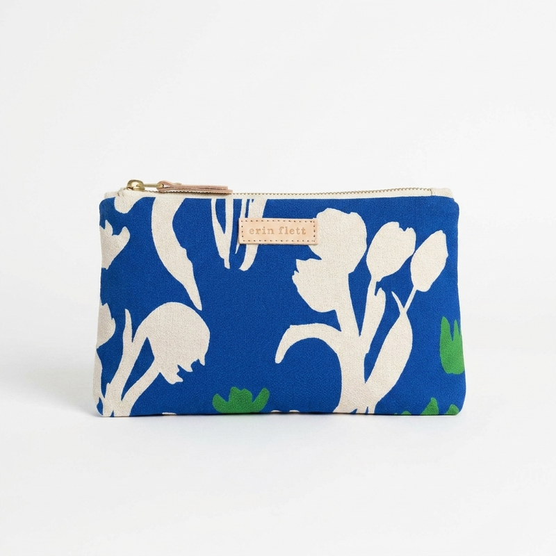 Erin Flett Laura Pouch - (Tulips) studio product photo hanging from a wooden wall hook on a neutral off-white background