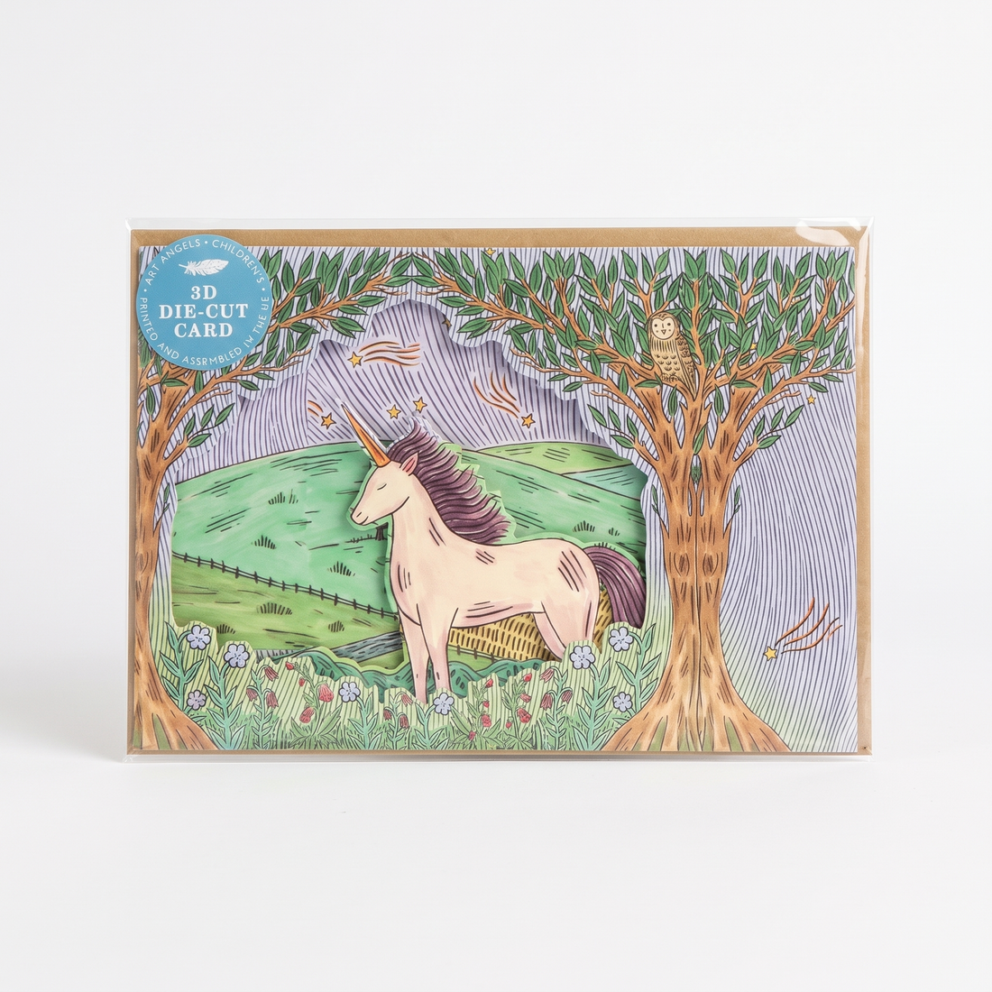 Twilight Unicorn Die-Cut Card, Fee Greening illustration, multi-layered 3D paper design, with blue '3D' sticker, sealed in…