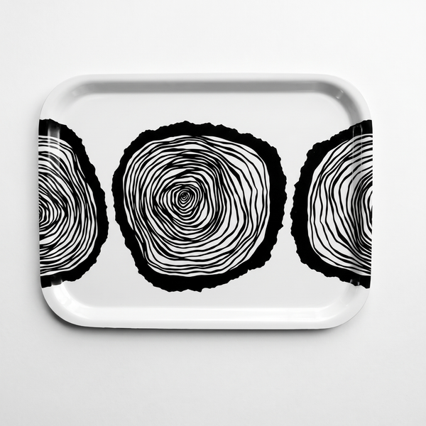 Anna Brones Wisdom Tray serving tray, black and white stylized tree ring illustration, front view on white.