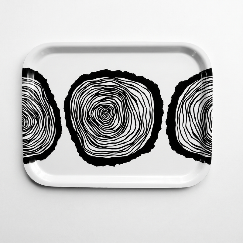 Anna Brones Wisdom Tray serving tray, black and white stylized tree ring illustration, front view on white.