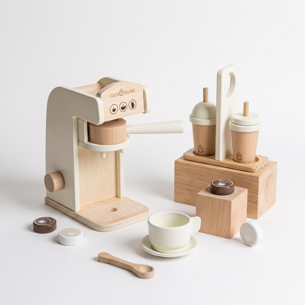 Coco Village Wooden Coffee Maker Set play kitchen set, natural wood and cream, front view on white.
