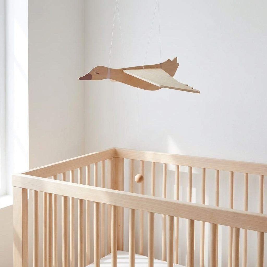 Egmont Wooden Flying Goose Mobile, natural wood finish with reddish beak, suspended over a light-colored wooden crib.
