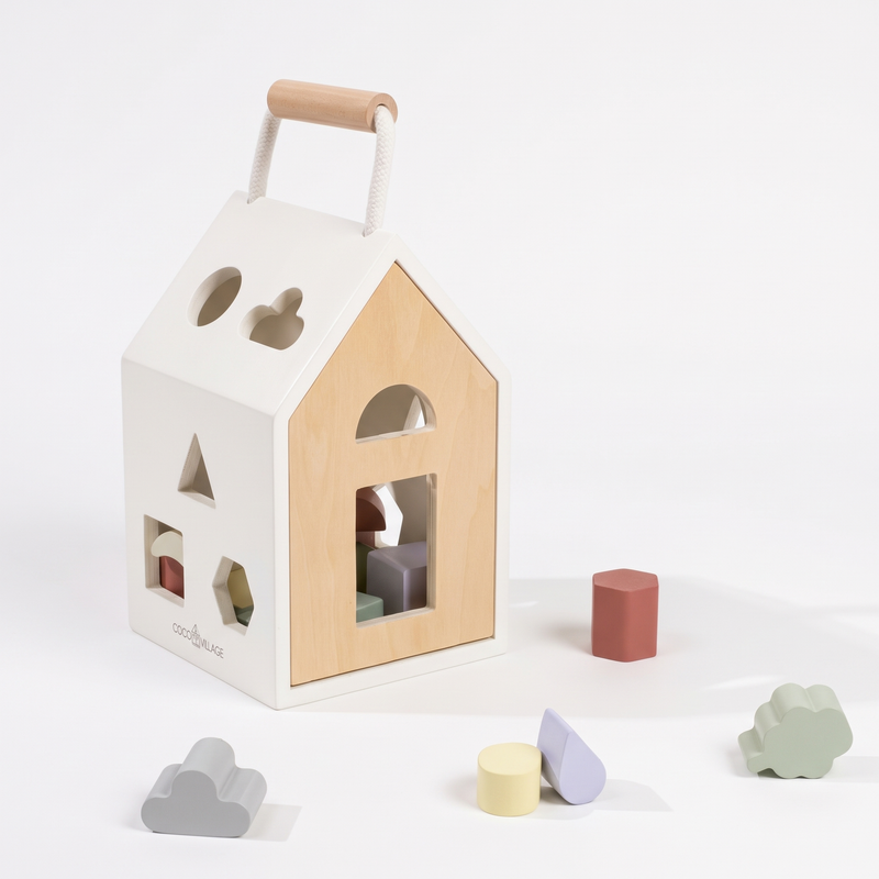 Coco Village Wooden Shapes Sorting House studio product photo on a neutral off-white background