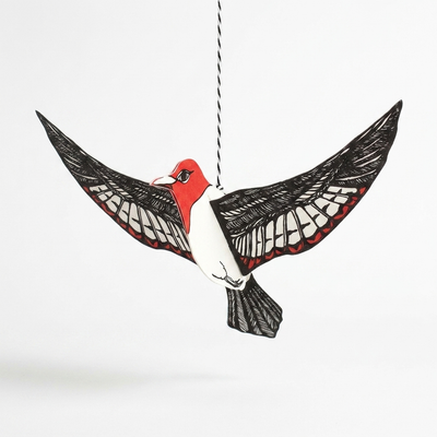 
                    
                      Blackbird Letterpress Woodpecker Pop-Out Die-Cut Card, red, black, and white design with detailed wings, hanging, front view…
                    
                  